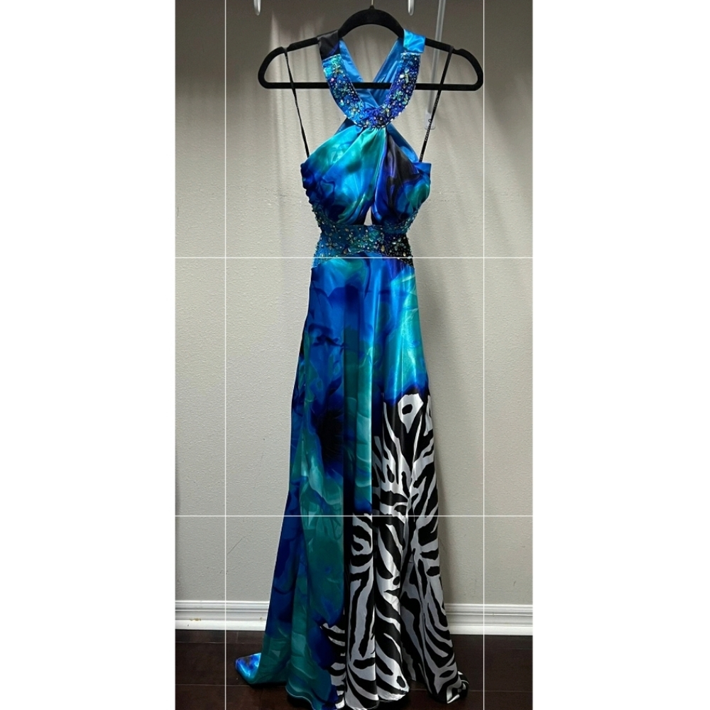 Masquerade- Blue & Zebra Print Gown w/ Rhinestones - Juniors Size 5/6